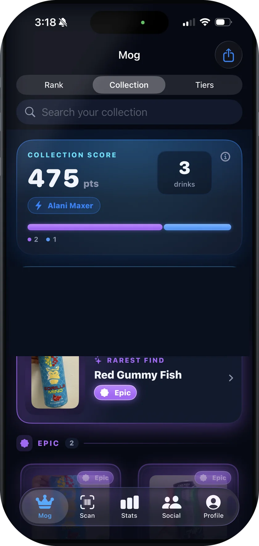 CaffeineMog collection screen showing Collection Score and your rarest finds