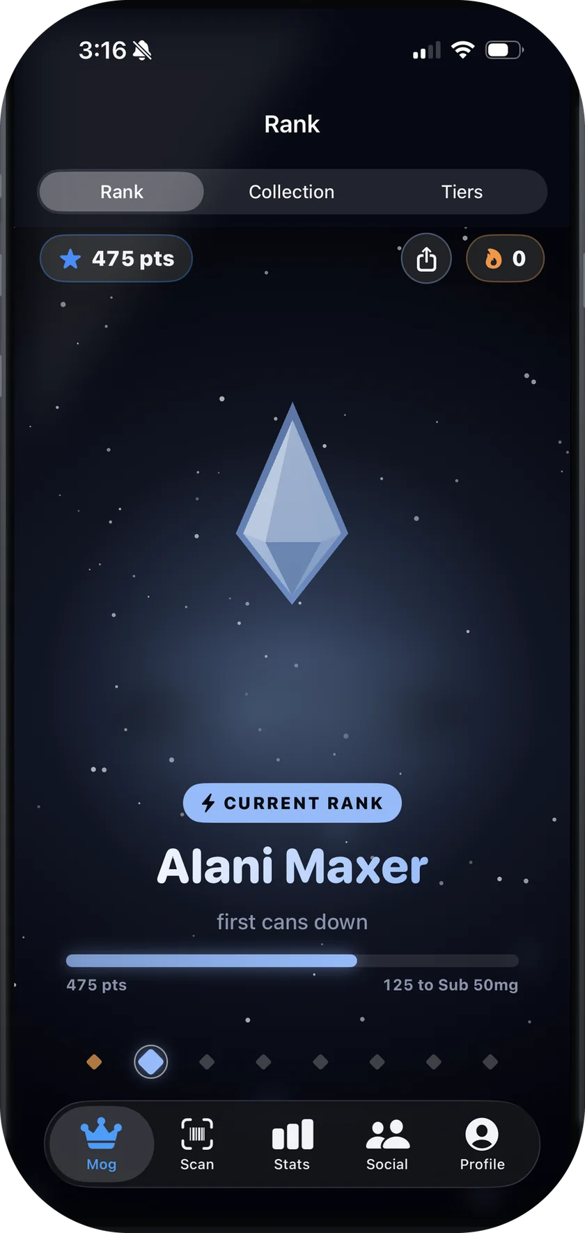 CaffeineMog rank screen: a glowing rank crystal, your rank and Collection Score points